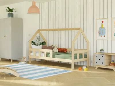 Produktbild von Kinderhausbett FENCE 2-in-1 aus Holz mit Barriere 90x190 cm Beige, Mit offenem Eingang