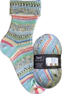 A knitted sock and a ball of yarn with the same pattern.