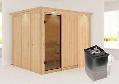Produktbild von Karibu Sauna Innensauna Gobin Fronteinstieg Ofen 9 kW integr. Strg 245x210x202 cm mit Dachkranz mit Graphittür