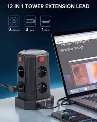 Zdjęcie produktu dla Listwa zasilająca z 4 portami USB, 8 gniazdami, zabezpieczeniem przeciwprzepięciowym i 4 gniazdami z indywidualnymi przełącznikami