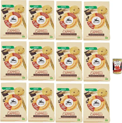 Produktbild von Alce Nero Frollini di grano Cappelli con gocce di cioccolato Weizenkekse mit dunkle Schokoladentropfen Kekse 12x 250g + Italian Gourmet polpa 400g