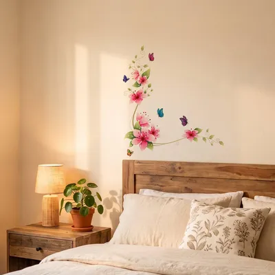 Produktbild von Dekorative Wandaufkleber mit rosa Blumen und Schmetterlingen