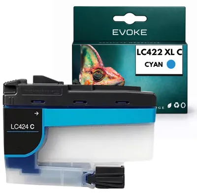 Image de Cartouche Evoke, compatible avec les imprimantes Brother LC424 LC-424XLC, couleur cyan, capacité de 10 ml, compatible avec les modèles DCP-J1200W et DCP-J1200WE