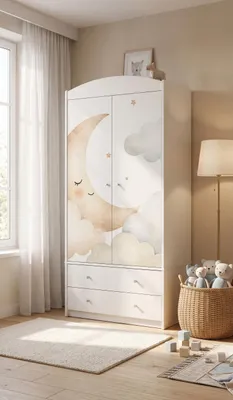 Produktbild von Kleiderschrank für Kinderzimmer mit Motivdruck, 88x187x54 cm, Kinder Schrank Weiß mit Kleiderstange & 2 Schubladen