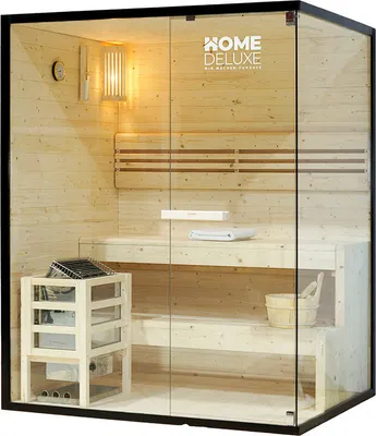 Produktbild von HOME DELUXE - Traditionelle Sauna - Shadow L - 150 x 120 x 190 cm - für 3 Personen - hochwertiges Fichtenholz, inkl. Saunaofen, Saunazubehör I Dampfsauna Aufgusssauna Finnische SaunaSauna
