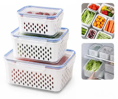 Produktbild von Frischhalteboxen 3er Set 850-3300ml – Mit Sieb, BPA-frei, spülmaschinenfest | Kühlschrank Organizer für Obst & Gemüse
