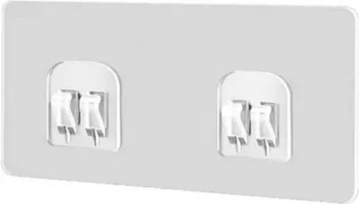 A clear adhesive hook with two pins.