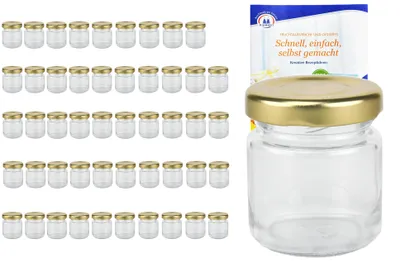 Produktbild von 50er Set Mini Sturzglas 53 ml To 43 goldener Deckel Portionsgläser Obstgläser incl. Rezeptheft