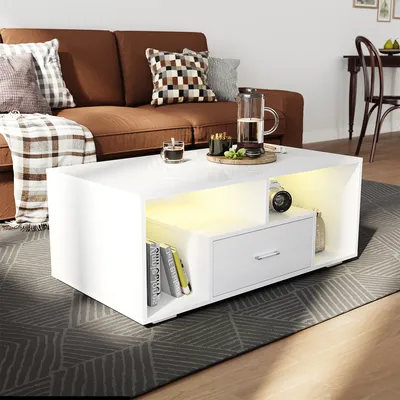Produktbild von SONNI 100x55x40cm weiß hochglanz Holzwerkstoff Couchtisch Beistelltische Mit RGB-LED und Schubladen Geeignet für Schlafzimmer und Wohnzimmer