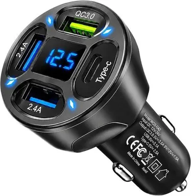 Productafbeelding van Autolader met 4-poorts USB C - Zwart - Geschikt voor Auto - Handige Aanstekerfunctie - Voor Meerdere Apparaten