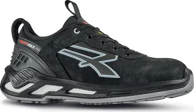 A black safety shoe with gray and white accents, shown from a side profile against a white background.