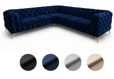 Zdjęcie produktu dla Narożnik Moet w kształcie litery L, granatowy, wymiary 262 x 323 cm – nowoczesny mebel wypoczynkowy, pikowany, z wypełnieniem ze sprężyn Bonell