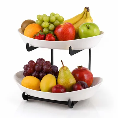 Produktbild von Roxlin Obstschale Etagere 2-stöckig, Obstkorb & Gemüsekorb mit schwarzem Metallgestell, Küchen-Organizer & Geschenk, Schwarz