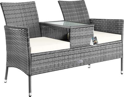 CASARIA® Gartenbank Sitzbank inkl. Auflagen Wetterfest Polyrattan 320kg Belastbar Tisch Ablage UV-beständig Garten Balkon Bank 2-Sitzer 143x55cm Grau