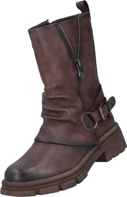 Das Bild zeigt einen braunen Stiefel aus einer seitlichen Perspektive. Der Stiefel hat eine glatte Oberfläche und eine verstärkte Sohle.