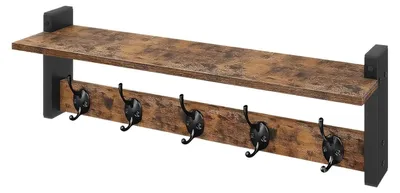 Produktbild von Wandgarderobe mit Ablage - Garderobenleiste 45 cm - 5 Doppelhaken - Holz - Für Flur und Bad - Braun
