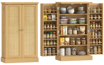 Produktbild von HOMCOM Rattan-Küchenschrank mit Gewürzfächern, Natur