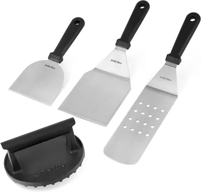 Produktbild von Grillspatel Set 4-teilig, Edelstahl, mit Gusseisen Hamburgerpresse und Schlitzspatel, für Barbecue