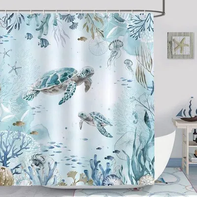 Productafbeelding van Unyqoos® Douchegordijn – Zeeschildpadmotief, blauw, 100% polyester, 180 x 180 cm, waterdicht en schimmelwerend, inclusief 12 haken, verstevigde metalen oogjes