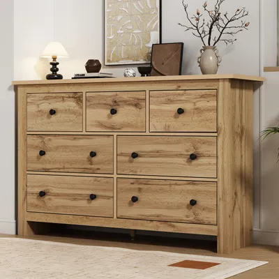 Produktbild von MODFU Kommode Sideboard mit 3 Türen und 3 Schubladen, Schrank  Buffet für Wohnzimmer, Schlafzimmer, Kinderzimmer, Jugendzimmer und Büro,  Holzfarbe