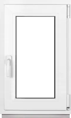 A white plastic window with a clear glass pane and a white handle.