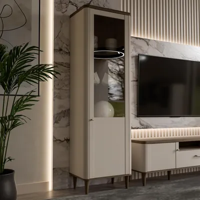 Produktbild von Forte LACETTI Vitrine 60, moderne Wohnzimmervitrine mit Skandi Lamellen Design, 1-türig, Holzwerkstoff, Kaschmir | Beige mit Valencia Eiche Holzdekor, 60,4 cm breit x 200,5 cm hoch x 41,2 cm tief