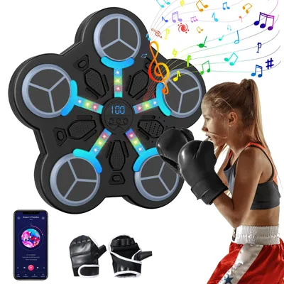 Produktbild von Musikboxmaschine für Kinder - Interaktive Boxmaschine - 3 Modi - Bluetooth - Rhythmische LED-Beleuchtung - Wandmontage - Boxhandschuhe - Schwarz