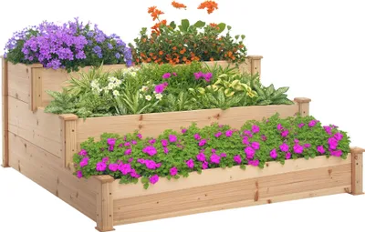 Image de Outsunny Bac à plantes surélevé à 3 niveaux Escalier à fleurs pour balcon Bois de sapin