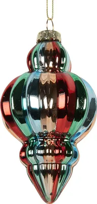 A single, multi-colored glass Christmas ornament hanging from a gold string.
