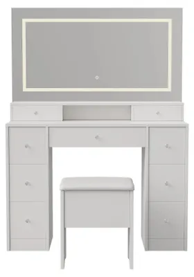 Image de Table de maquillage - Table de coiffure avec miroir - 9 tiroirs - Éclairage LED tricolore - Inclus un tabouret - 110 x 48 x 150 cm - Blanc