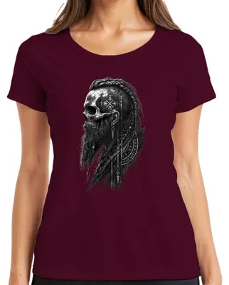 Productafbeelding van Wikings: T-shirt met afbeelding van een schedel, baard, runen, afbeeldingen van Noormannen, Valhalla, krijger, Odin. Damesmodel, bordeauxrood, maat S