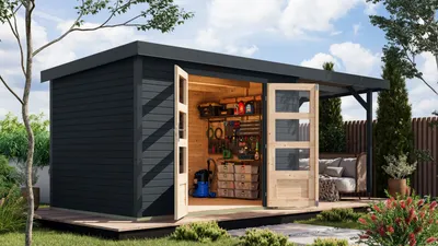 Produktbild von Karibu Gartenhaus Hybridhaus Metall Jupiter 4 im Set mit Anbaudach ca. 2,35 m breit anthrazit 514,5x213,5x209 cm