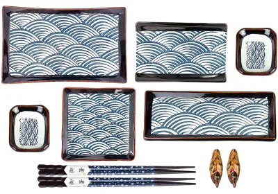 Zdjęcie produktu dla Komplet japoński zestaw ceramiczny do sushi, składający się z 10 elementów, w tym talerzy i pałeczek