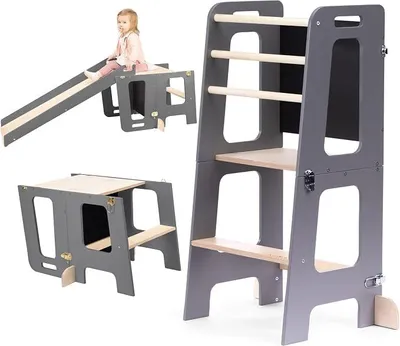 Imagen del producto de Torre de aprendizaje Montessori para niños | Asistente de cocina plegable con tobogán y pizarra | Torre de apoyo para niños a partir de 1 año (Gris oscuro y madera, con tobogán)