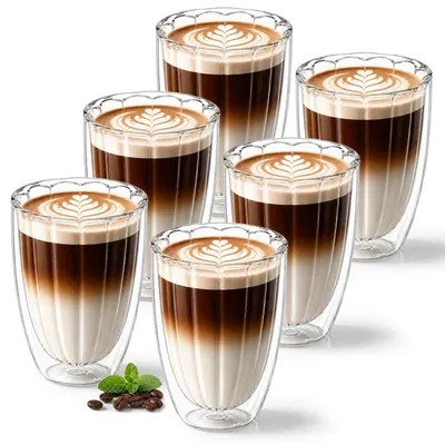 Immagine prodotto di Set di 6 bicchieri termici per Latte Macchiato, capacità 350 ml, in vetro borosilicato a doppia parete