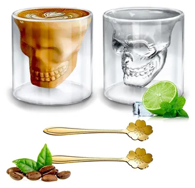 Productafbeelding van Dubbelwandige glazen bekers met schedelmotief, 250 ml, set van 2, inclusief 2 lepels, gemaakt van borosilicaatglas, hittebestendig