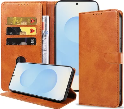 Immagine prodotto di Adatto a Samsung Galaxy S25 Plus Custodia in ecopelle con labbro magnetico e portacarte a libro con patta - Marrone - Smartphonics