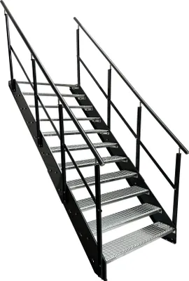 Image de Escalier à limon en acier Marches en caillebotis 11 marches Rampe des deux côtés - Galvanisé & côtés peints en poudre anthracite - (L x H x P) 120 x 209 x 215 cm