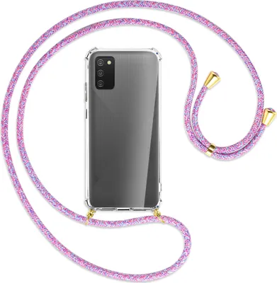 Produktbild von Handykette Backcover-Schutzhülle mit Band (Metall goldfarben) für Samsung Galaxy A02s - lila/rosa/blau