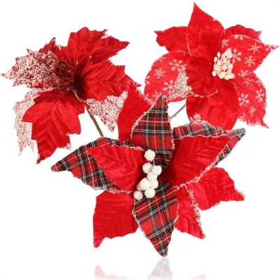 Produktbild von com-four® 3x Weihnachtsstern Deko-Gesteck, Kunstblumen als tolle Weihnachtsdekoration, schöner Raumschmuck, auch für Kränze und Blumenarrangements