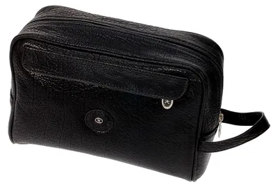 Produktbild von Hans Kniebes | hohe Kultur- und Kosmetiktasche für Reisen mit Außentasche | echtes Wasserbüffel-Leder | Kulturbeutel für Damen und Herren