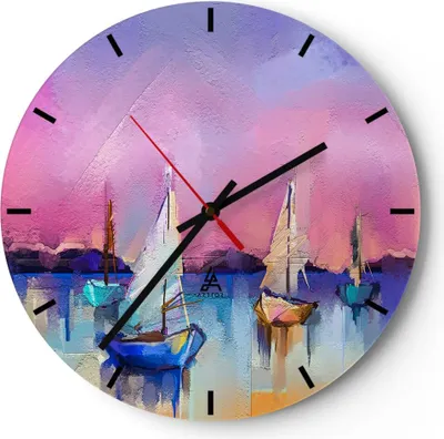 Produktbild von Wanduhr - Rund - Glasuhr - Segelboot See - 40x40cm - Schleichendes Uhrwerk - Lautlos - zum Aufhängen bereit - Dekoration Modern - Wanddekoration aus Glas - C3AR40x40-4099