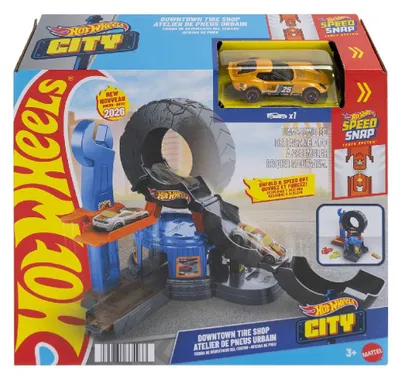 Produktbild von Hot Wheels City Downtown Reifenwerkstatt Spielset mit Spielzeugauto im Maßstab 1:64, mit dem Track-Schnellstecksystem kompatibel, Fahrzeug- & Schienen-Set, 3 Jahr(e), Kunststoff, Mehrfarbig