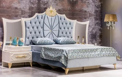 Immagine prodotto di Casa Padrino - Camera da letto barocca blu / bianco / oro - 1 letto matrimoniale con testiera e 2 comodini con specchio - Mobili da camera da letto barocchi - Nobili e magnifici
