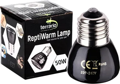 A black ceramic heat lamp bulb and its packaging are shown against a white background.