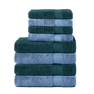 Produktbild von Komfortec 8er Handtuch Set aus 100% Baumwolle, 4 Badetücher 70x140 und 4 Handtücher 50x100 cm, Frottee, Weich, Towel, Groß, Petrol/Hellblau