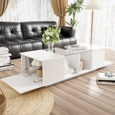 Produktbild von Odikalo Couchtisch Moderner Teetisch hochglänzender Tischplatte 120 x 50 x 38,5 cm Weiß