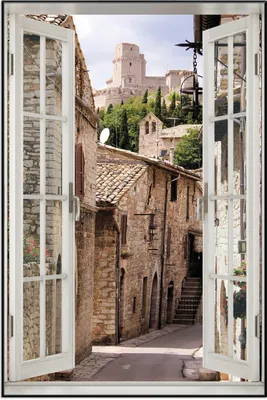 Produktbild von Wallario Wandbild mit Fenster-Illusion: Italienische Gasse, Größe: 61 x 91,5 cm, Poster mit schwarzem Aluminiumrahmen
