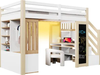 Produktbild von Merax Hochbett Etagenbett 90x200 cm, Kinderbett Stockbett mit Schreibtisch, Kleiderschrank, Lagerung, Tafel, LED Beleuchtung, Jugendbett, Weiß+Natur