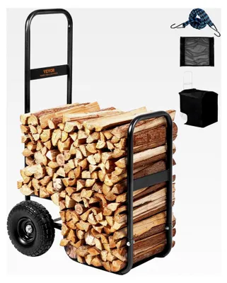 Produktbild von Kaminholzwagen 67x52x110cm aus pulverbeschichtetem Stahl mit Gummirädern und max. 113,4 kg Tragfähigkeit inkl. Bungee-Seil und Bodennetz